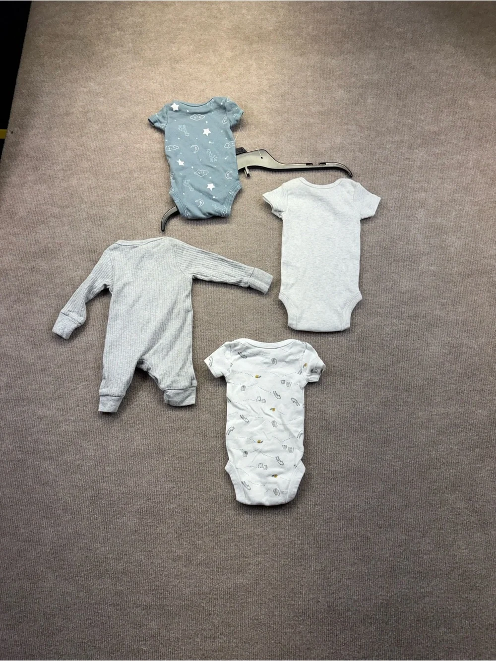 Newborn lot White oneis with frogs, blue/gray with clouds and ribbed gray/white.